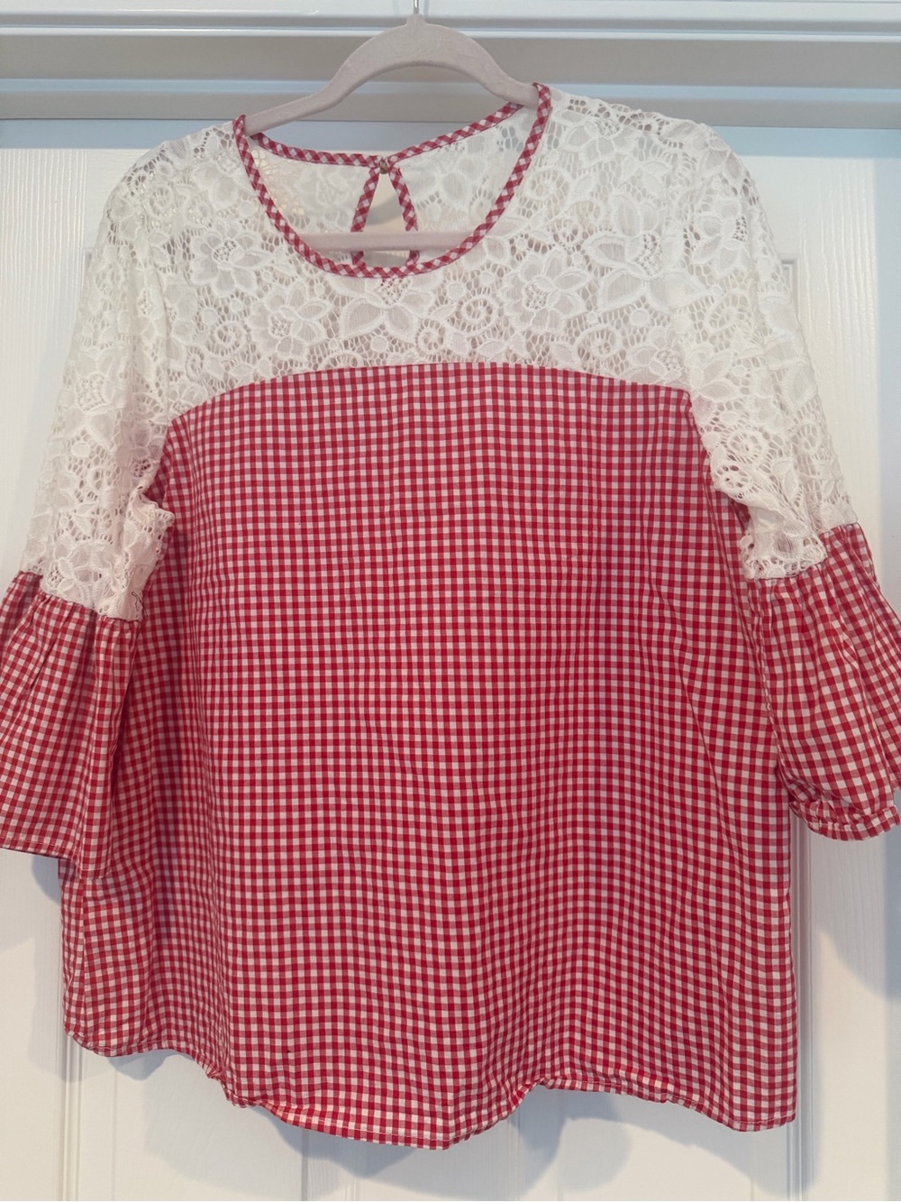 Marc New York Red Gingham Lace Blouse Puff Sleeve Size L